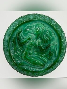 Art Deco Czech Malachite Green Glass Nude Female Figural Box